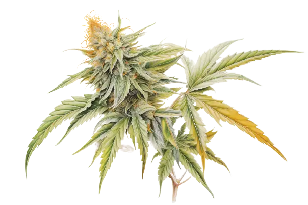 Cannabisblüte in bunten Farben und Cannabisblätter in hellem Grün Eine Cannabispflanze leuchtet in diversen Farben.