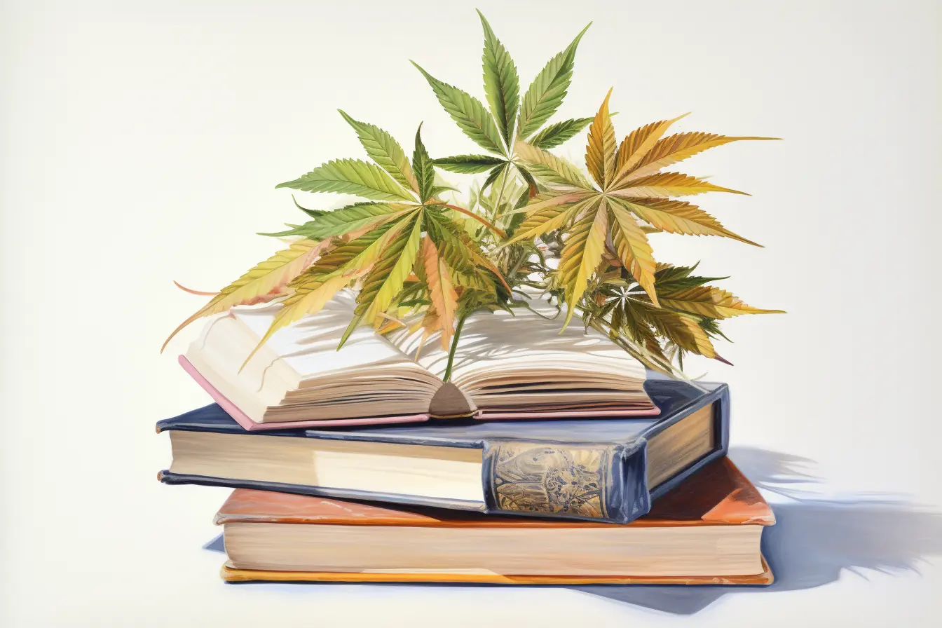 Eine einzigartige Kombination aus Büchern und Hanfblättern macht die Vielfalt von Natur und Wissen deutlich. Die Pflanze, die viele Namen trägt, ist Cannabis. Sie macht das Lesen von bunten Büchern spannender, wenn sie diese schmückt.
