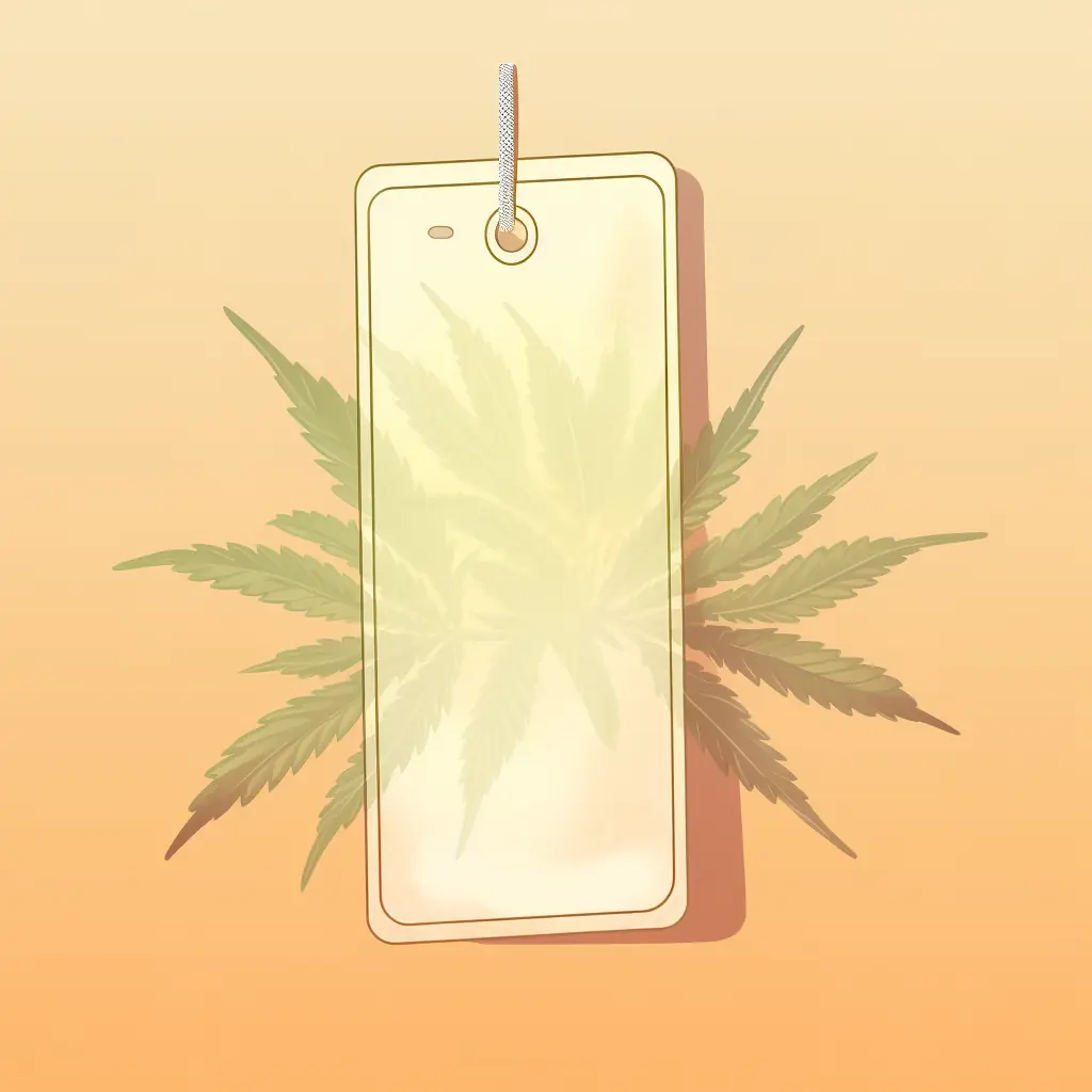 Etikett mit Hanfblatt in Pastelltönen: Ein echter Hingucker Ein Marihuanablatt, das an einem Preisschild hängt, für den Cannabis-Social-Clubs in Hamm.