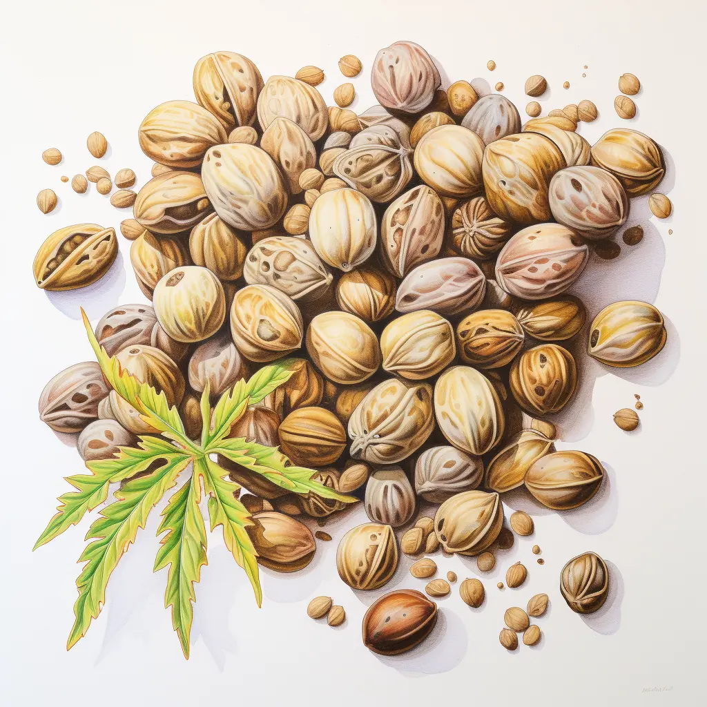 Cannabis-Samen in sanften Farben, die eine Zeichnung mit halbrealistischem Effekt erzeugen. Eine halbrealistische Zeichnung von Cannabis-Samen in sanften Farben.