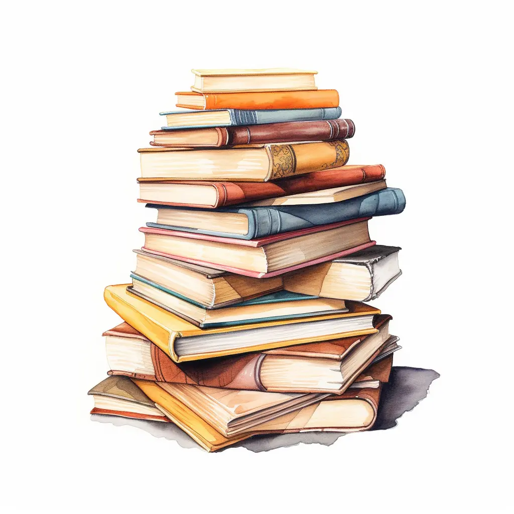 Halbrealistische Zeichnung von Pastellfarbenen Büchern - ein Kunstwerk, das sich sehen lassen kann Auf einem Untergrund, der beigefarben ist und sich in der Stadt befindet, befindet sich ein Bücherhaufen.
