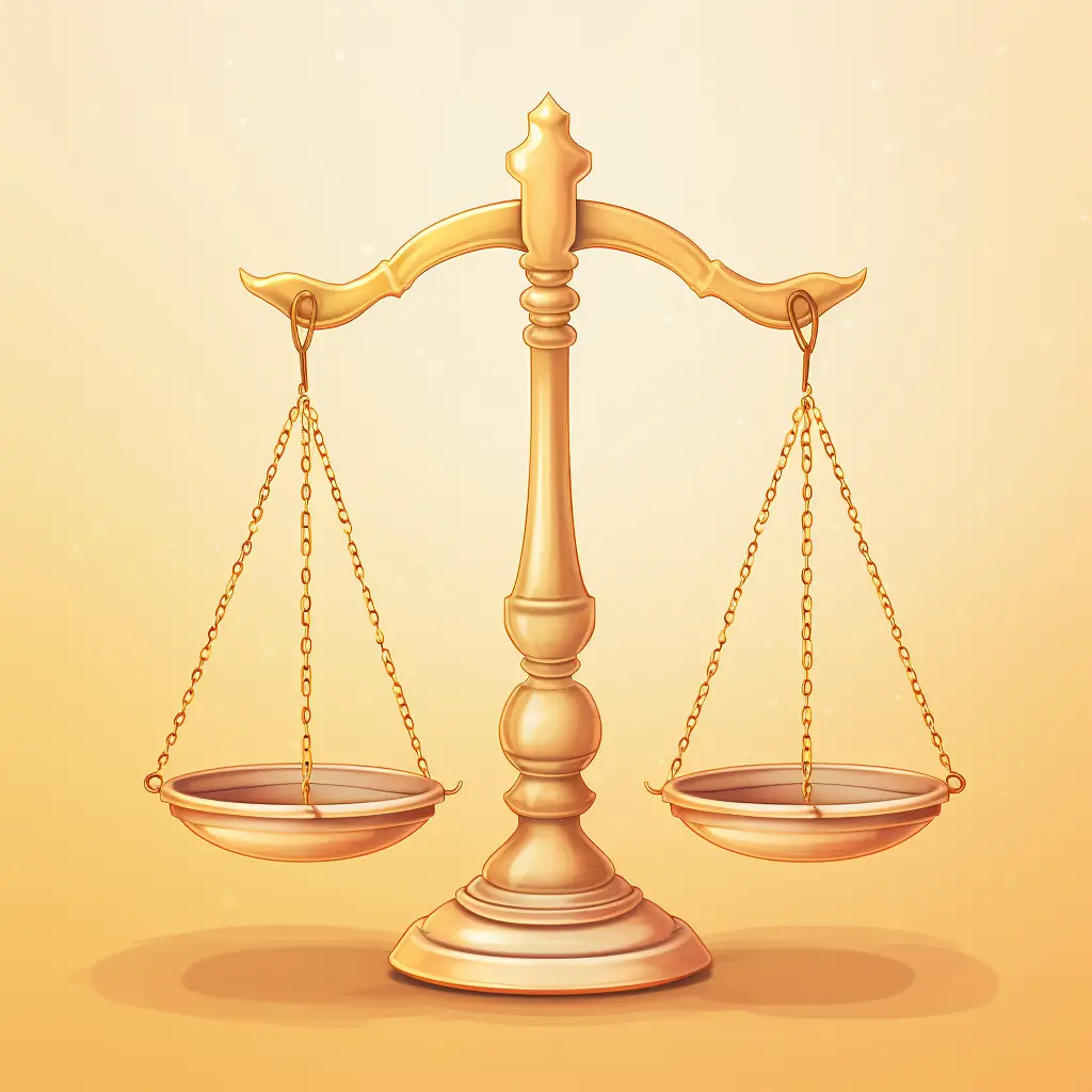 Ein Recht-Symbol, das Pastellfarben zeigt Vor einem Hintergrund in heller Farbe, der glänzt, ist ein Symbol für die Gerechtigkeit zu sehen.