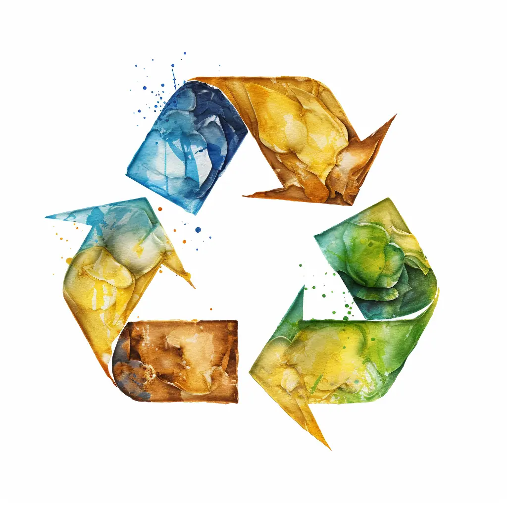 Ein kreatives Symbol, das in sanften Farben Recycling symbolisiert, ist ein künstlerischer Ausdruck für den Umweltschutz, der wie eine Verbindung aus Wirklichkeit und Zeichnung aussieht. Ein Hintergrund, der in Beige gehalten ist, zeigt ein Recycling-Symbol.